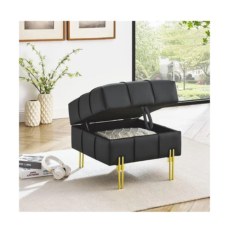Anti-Scratch Leather Storage Ottoman Pet Friendly Upholstered Bench with Golden Stainless Steel Legs for Entryway Bedroom or Living Room-The Pop Home