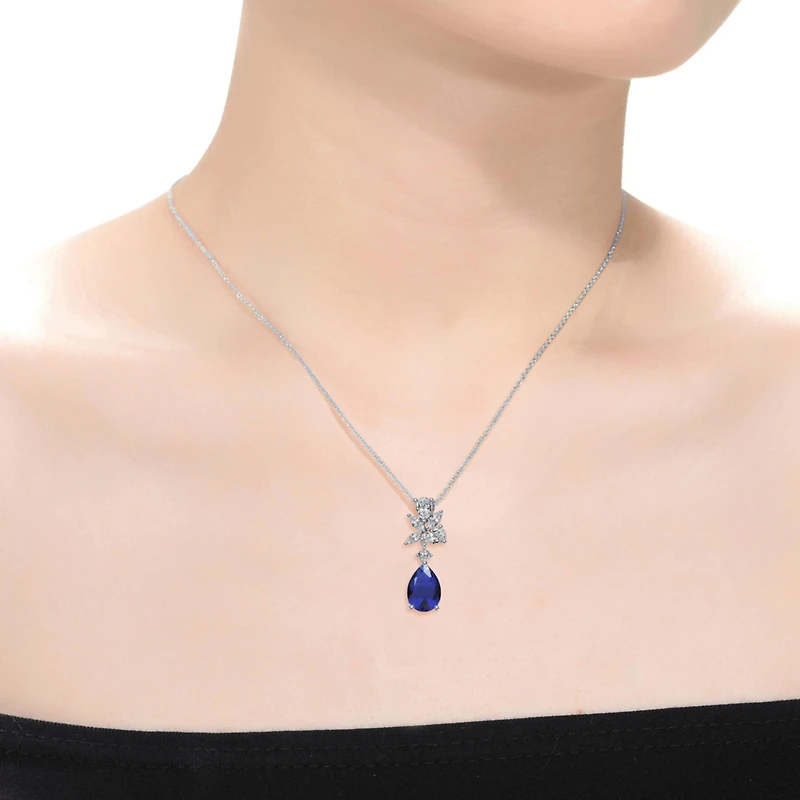 White Gold Plated with Colored Cubic Zirconia Teardrop Cluster Pendant Necklace