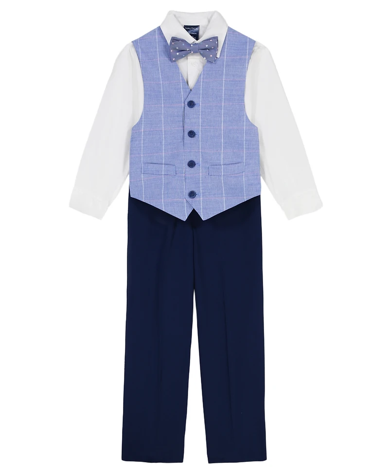 Nautica Toddler and Little Boys 4-Piece Sharkskin Windowpane Duo Vest Set with Bow Tie