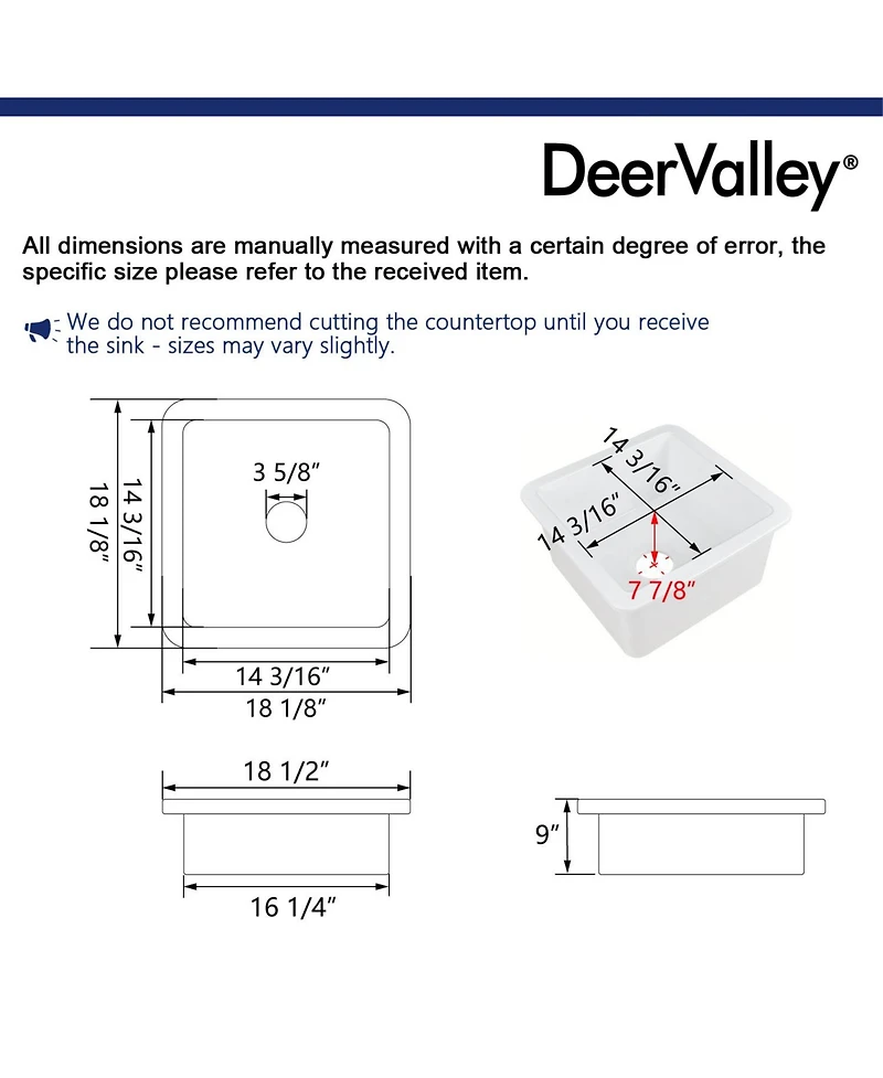 DeerValley Square Fireclay 18" L x 18" W Undermount/Drop-In Kitchen Sink with Basket Strainer and Sink Grid