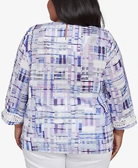 Alfred Dunner Plus Crystal Springs Watercolor Plaid Lace Neck Top