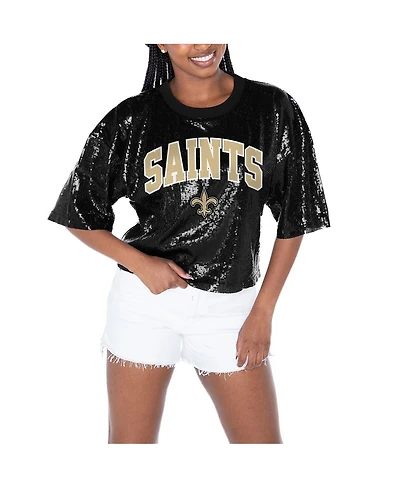 Gameday Couture Women's Black New Orleans Saints Rise Up Sequin Cropped T-Shirt
