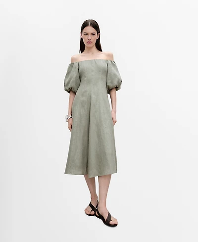 Mango Women's Puffed-Sleeve Linen Dress