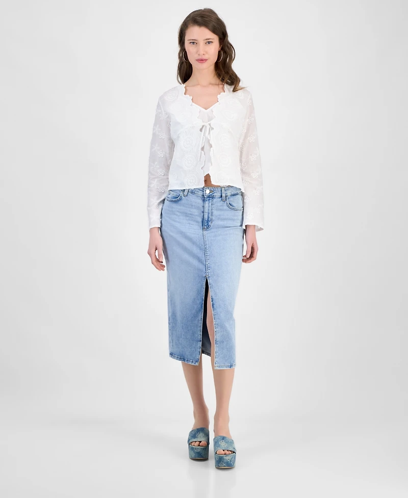 Guess Women's Long-Sleeve Embroidered Tie-Front Top