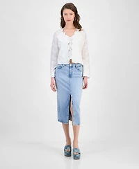 Guess Women's Long-Sleeve Embroidered Tie-Front Top