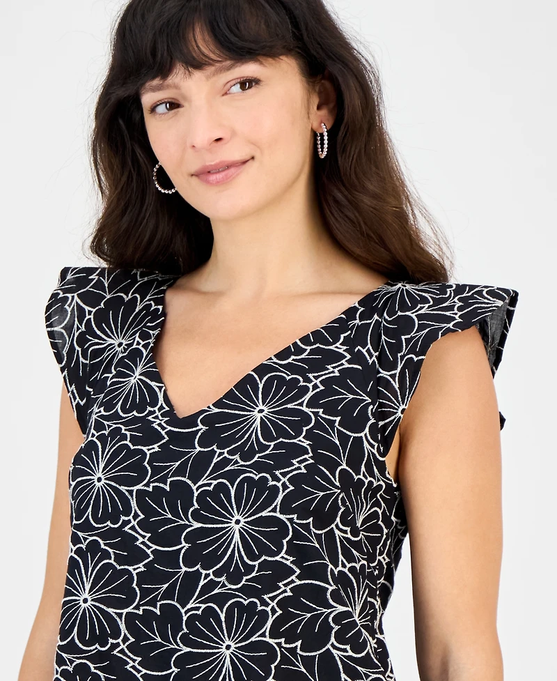 Robbie Bee Petite Embroidered Flutter-Sleeve Cotton Dress