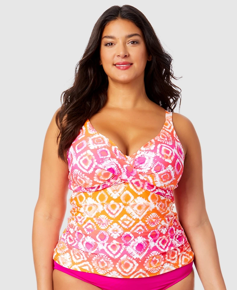 Anne Cole Plus Size Tie-Dyed Foulard Underwire Draped Tankini Top