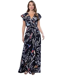 HotSquash London Women's Abstract Print Chiffon Faux Wrap Maxi Dress