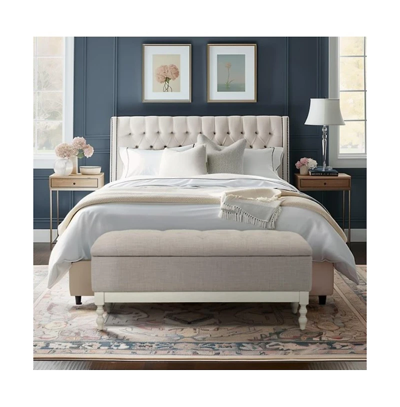 Tufted upholstered storage bench with soft-close lid, interior storage, and antique cream wood legs, perfect for bedrooms or entryways-The Pop Home