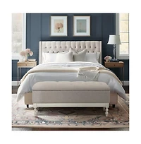 Tufted upholstered storage bench with soft-close lid, interior storage, and antique cream wood legs, perfect for bedrooms or entryways-The Pop Home