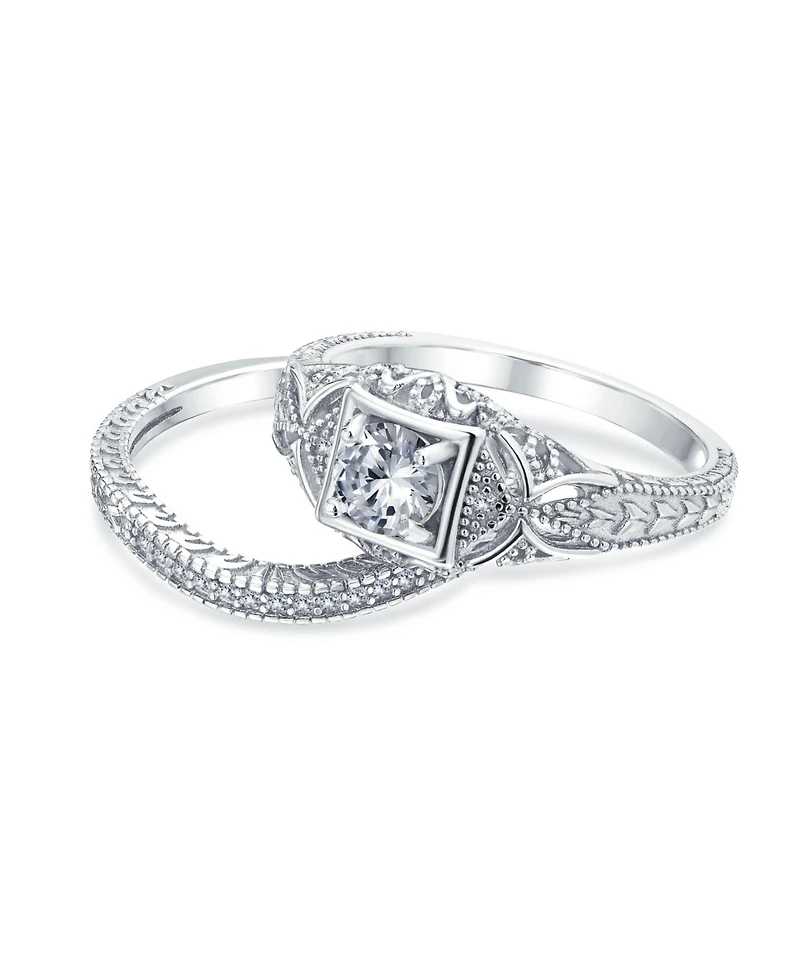 Bling Jewelry Deco Style Milgrain 1CTW Cubic Zirconia Promise Ring Set Sterling Silver