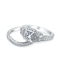 Bling Jewelry Deco Style Milgrain 1CTW Cubic Zirconia Promise Ring Set Sterling Silver