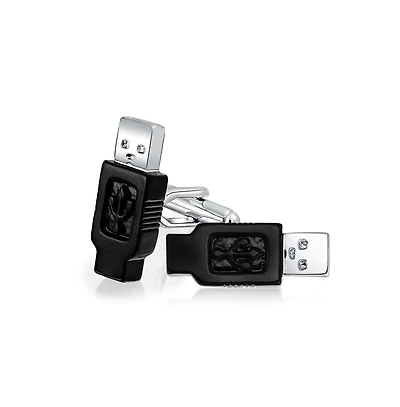 Bling Jewelry Computer Geek Tech Usb Flash Drive Black Cufflinks Executive Graduation Gift Bullet Hinge Back Black Silver Tone Stainless Steel