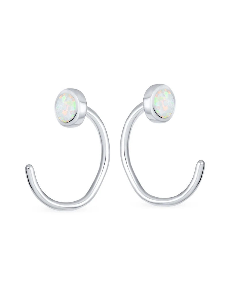 Bling Jewelry Minimalist Round White Created Opal Huggie Geometric Non-Piercing Helix Cartilage Conch Bezel Band Wrap Ear Cuff Earringss .925 Sterling