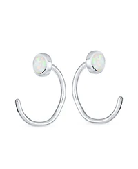 Bling Jewelry Minimalist Round White Created Opal Huggie Geometric Non-Piercing Helix Cartilage Conch Bezel Band Wrap Ear Cuff Earringss .925 Sterling