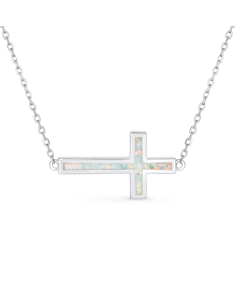 Bling Jewelry Minimalist Simple Created White Opal Inlay Horizontal Sideways Cross Necklace Station Pendant .925 Sterling Silver