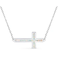Bling Jewelry Minimalist Simple Created White Opal Inlay Horizontal Sideways Cross Necklace Station Pendant .925 Sterling Silver