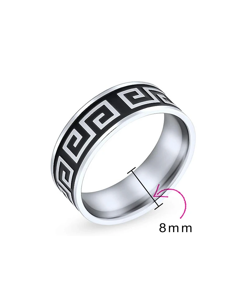 Bling Jewelry Geometric Ancient Fret Greek Key Pattern Flat Eternity Band Ring Black Silver Two Tone Stainless Steel 8MM