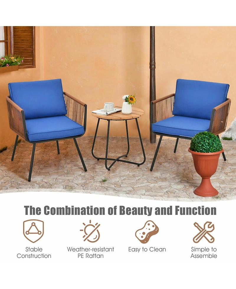 Gymax 3PC Patio Birsto Furniture Set Cushioned Sofa Armrest Coffee Table
