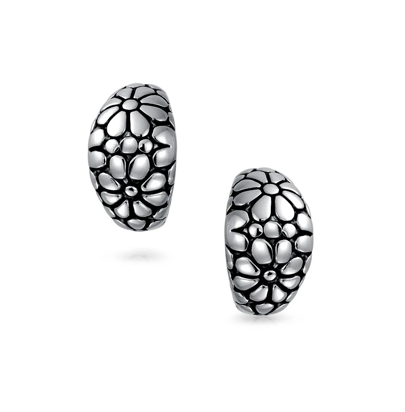 Bling Jewelry Flower Wide Shrimp Half Hoop Clip On Earrings For Non Pierced Ears Oxidized Gold Plated Brass