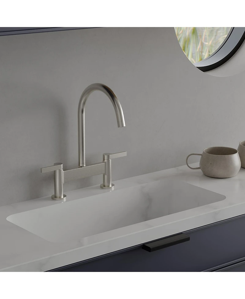 Modern Double Handle 2 Holes Deck Mount Bridge Kitchen Faucet With 360 Swivel Spout Sink Brushed Nickel