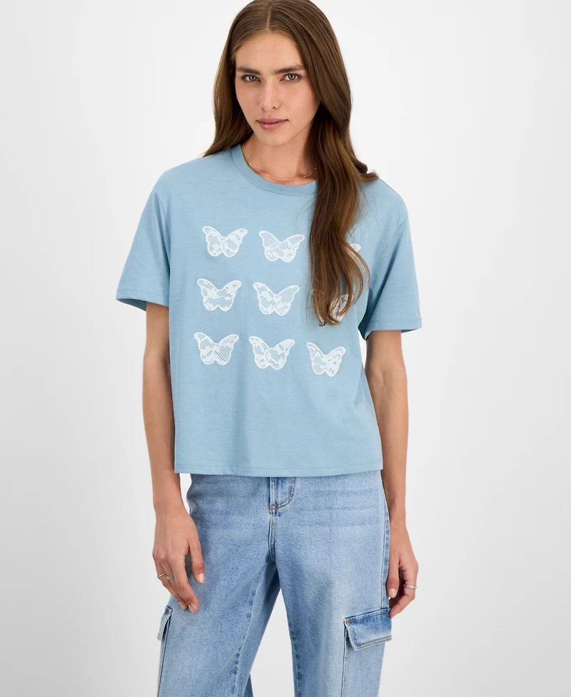 Rebellious One Juniors' Lace Applique Butterfly T-Shirt