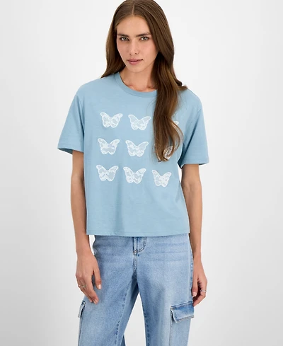 Rebellious One Juniors' Lace Applique Butterfly T-Shirt