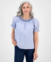 Style & Co Petite End on End Contrast-Stitch Top, Exclusively at Macy's