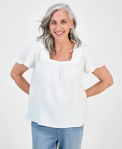 Style & Co Petite Square-Neck Cotton Top, Exclusively at Macy's