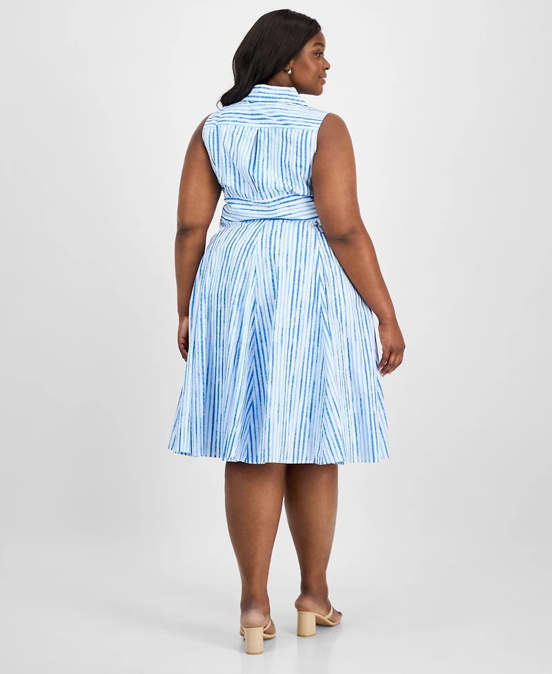 Tahari Asl Plus Cotton Striped Faux-Wrap Shirtdress