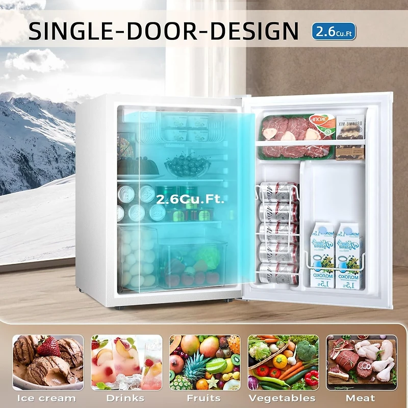 Cowsar Mini Compact Refrigerator with Freezer, 2.6 Cu.Ft. Single Door Adjustable Removable Shelves for Apartment/Dorm/Office