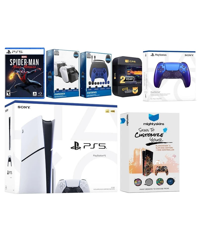 Sony Playstation 5 Slim Disc with Spider-Man: Miles Morales, Extra Volcanic Red Controller, Gamer Kit, Charge Dock and MightySkins Decal Voucher + 2 Y