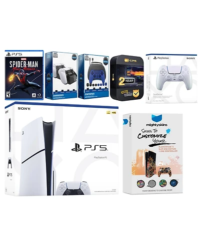 Sony Playstation 5 Slim Disc with Spider-Man: Miles Morales, Extra Volcanic Red Controller, Gamer Kit, Charge Dock and MightySkins Decal Voucher + 2 Y