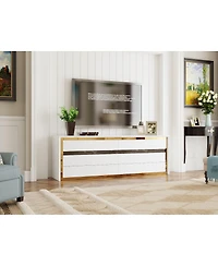 Tv stand with 6 drawers, media console with gold frame, white wooden entertainment center