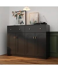 Shoe cabinet in black wood, shoe rack with 2 drawers and four doors and metal handles
