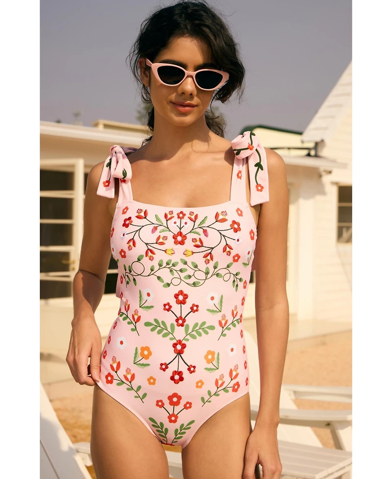 Jessie Zhao New York Women's Pink Floral Harmony Embroidered Swimsuit