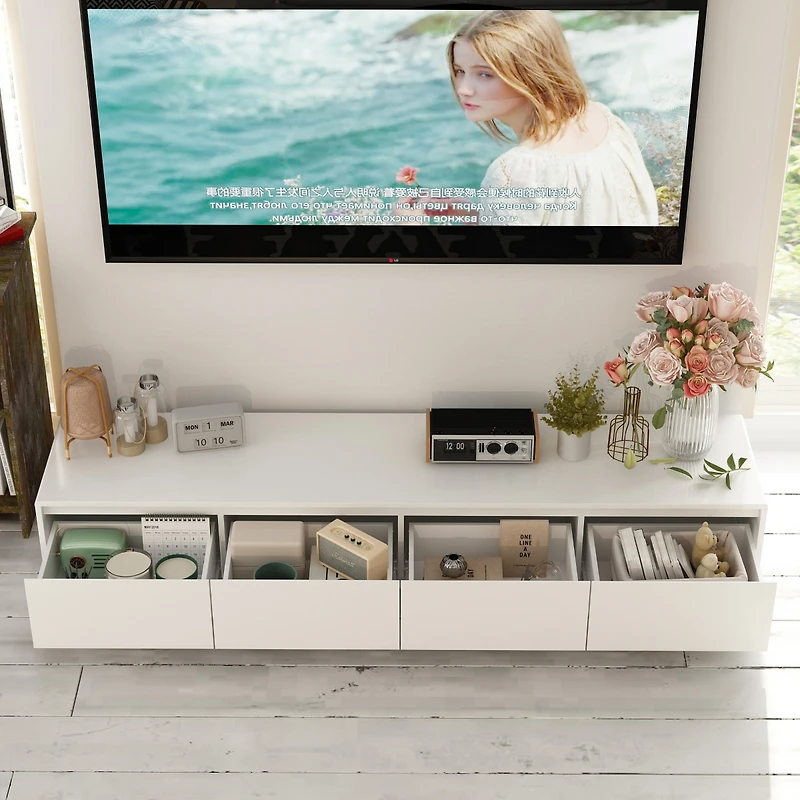 Tv stand with 4 drawers, media console with light strip, entertainment center in white wood