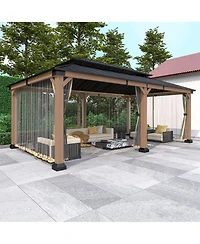 12 x 20 Feet Cedar Solid Wood Frame Galvanized Steel Double Top Gazebo Equipped with 4 Pieces of Mosquito Netting
