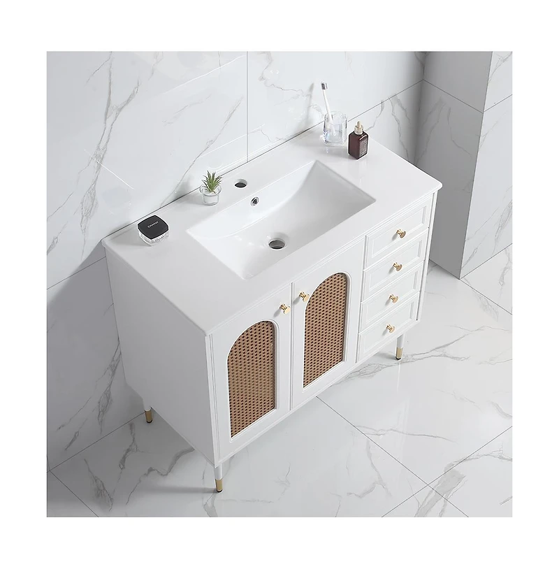 Casainc 36" Bathroom Vanity with Ceramic Sink, Rattan Bathroom Storage Cabinet with Two Doors and Drawer