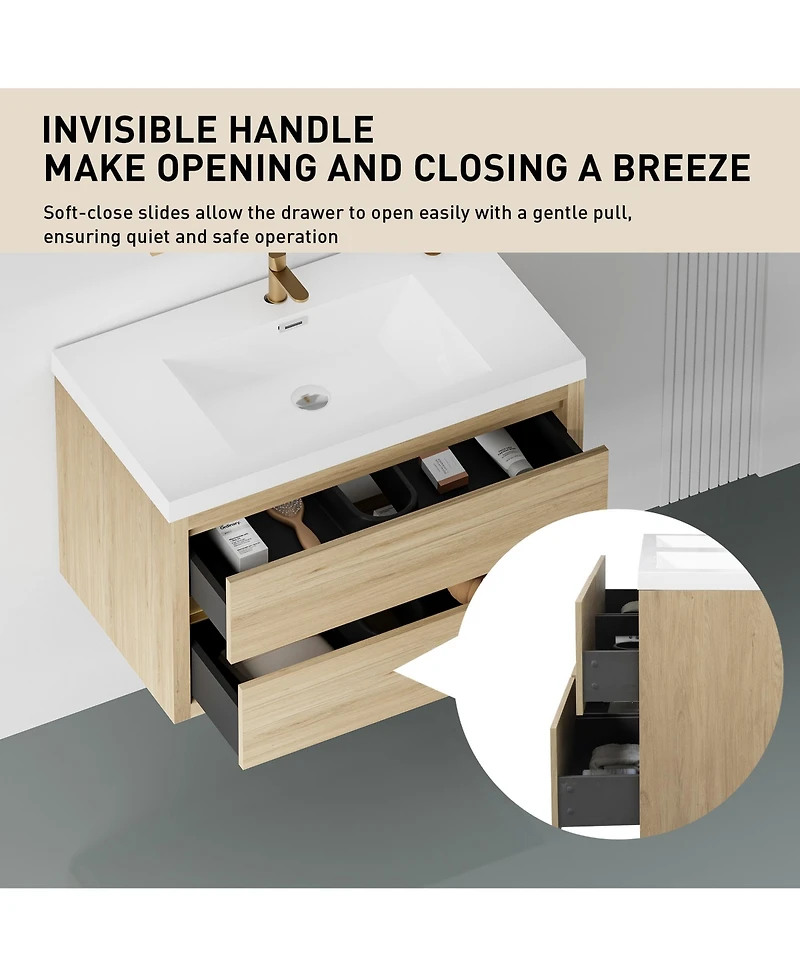 Casainc 36" Wall-Mounted Bathroom Vanity with Sink, Floating Storage Cabinet Stone Resin Countertop and Soft Close Drawers