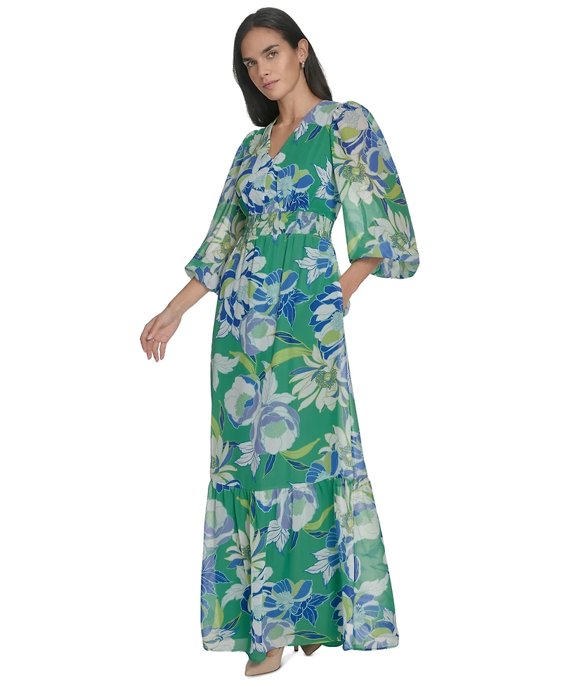 Jessica Howard Women's Printed Puff-Sleeve V-Neck Maxi Dress