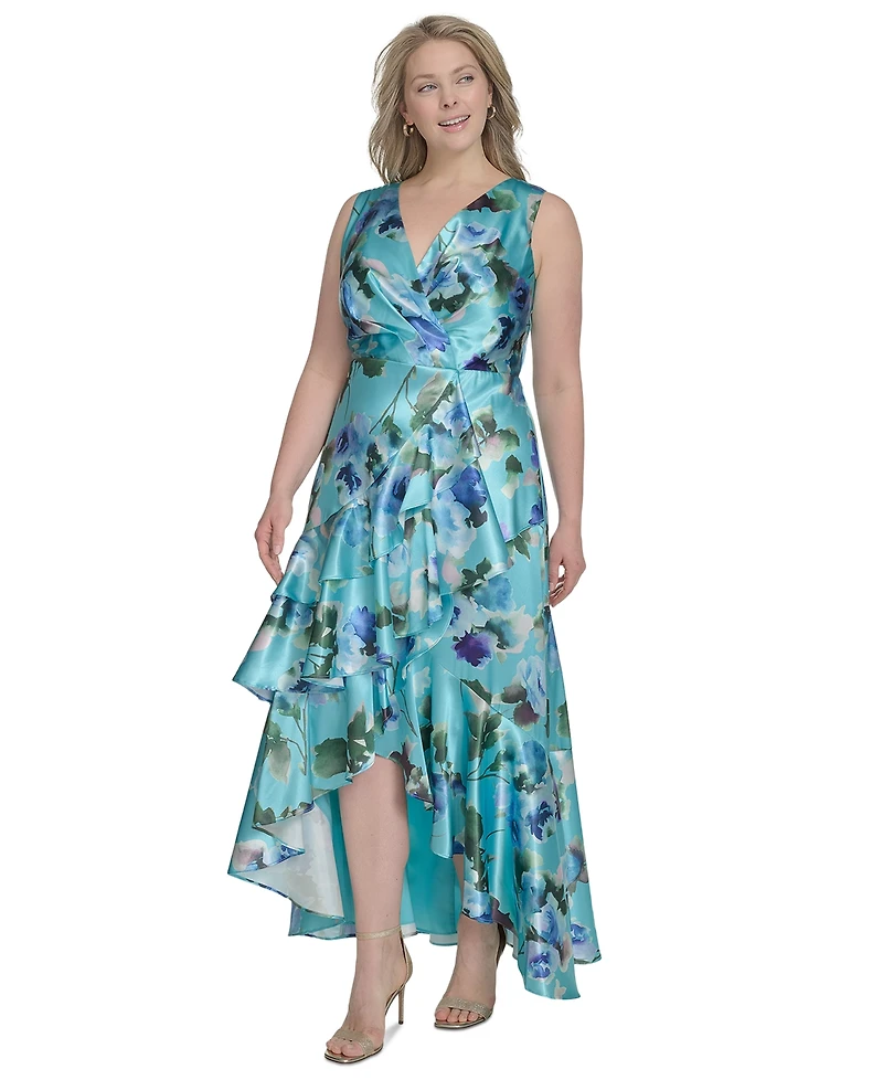 Eliza J Plus Printed Satin High-Low Midi Dress