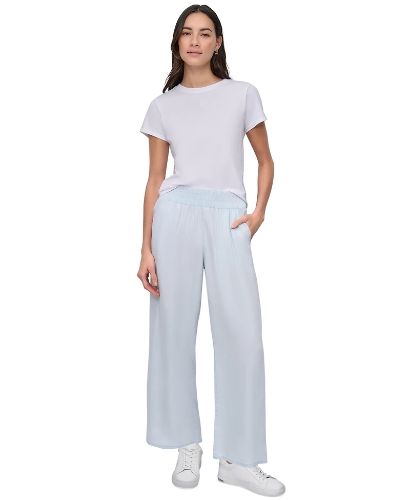 Dkny Jeans Petite Chambray Smocked-Waist Wide-Leg Pants