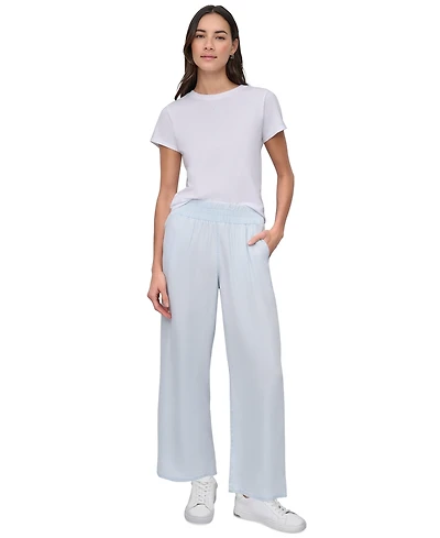 Dkny Jeans Petite Chambray Smocked-Waist Wide-Leg Pants