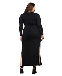 24seven Comfort Apparel Plus Long Sleeve Side Slit Fitted Maxi Dress