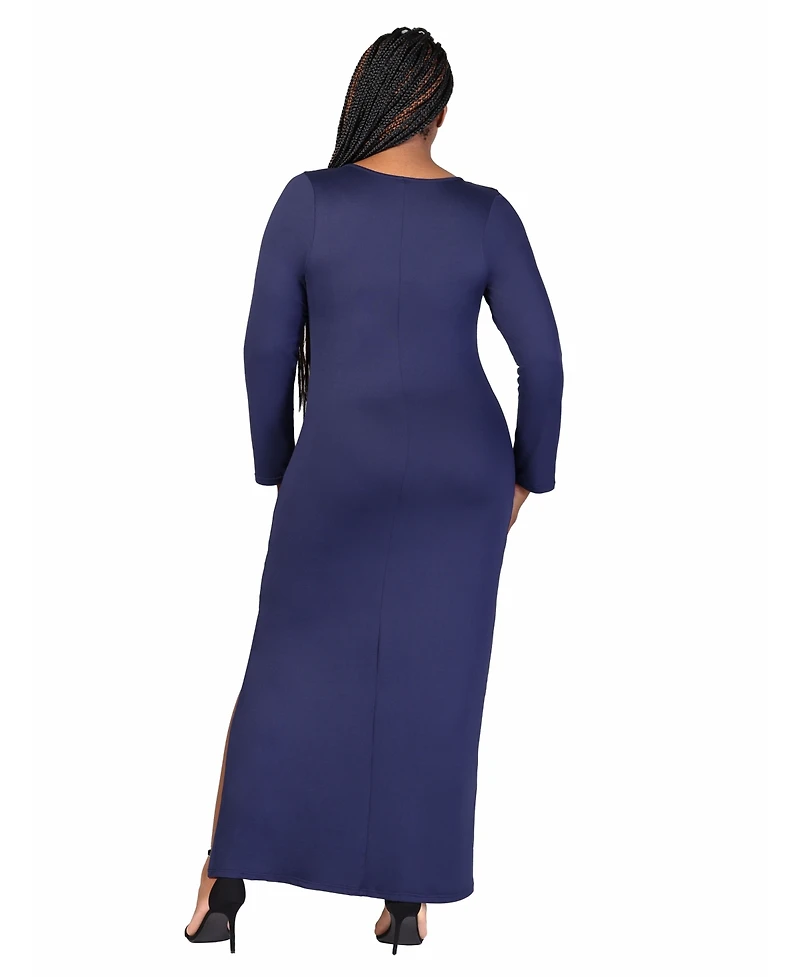 24seven Comfort Apparel Plus Long Sleeve Side Slit Fitted Maxi Dress