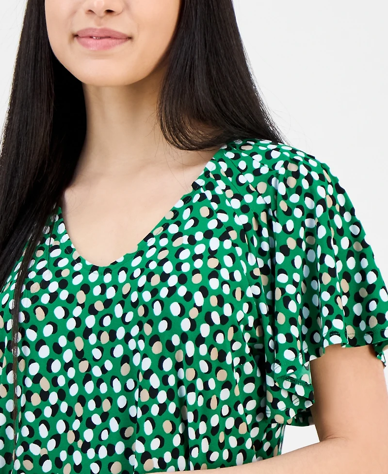 Ak Anne Klein Petite Printed V-Neck Raglan-Sleeve Top
