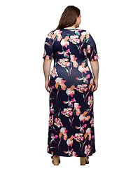 24seven Comfort Apparel Plus Print Elbow Sleeve Casual A-Line Maxi Dress
