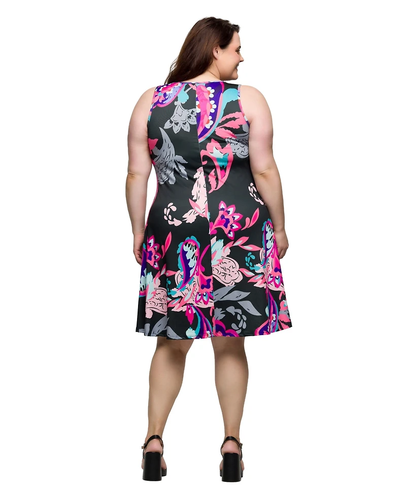 24seven Comfort Apparel Plus Print Sleeveless Knee Length Tank Swing Dress