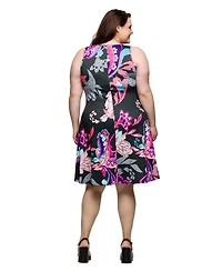 24seven Comfort Apparel Plus Print Sleeveless Knee Length Tank Swing Dress